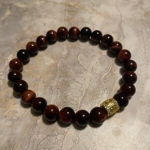 Red Tiger Eye  Beaded Bracelet with Gold Accent